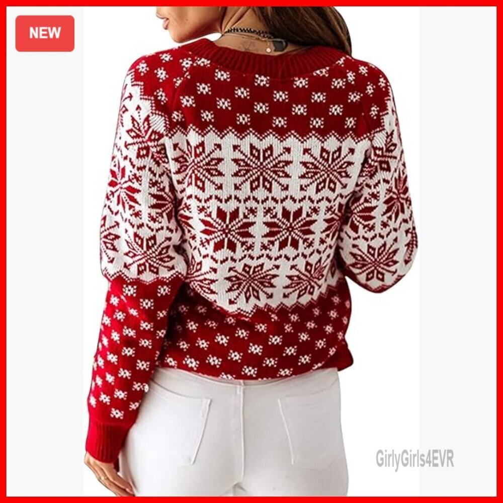 Christmas Snowflake Reindeer Knit Sweater Long Sleeve Crew Neck Pullover